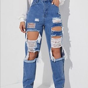 Shein High Waist Cut Out Ripped Frayed Straight Leg Jeans